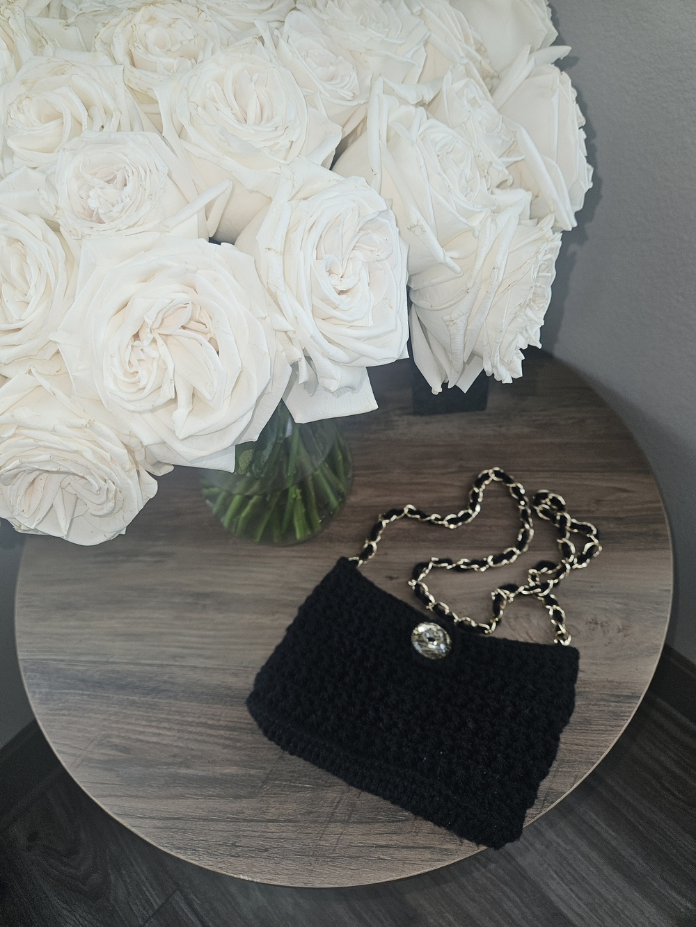 Black Crochet Crossbody Bag with Gold Chain Strap
